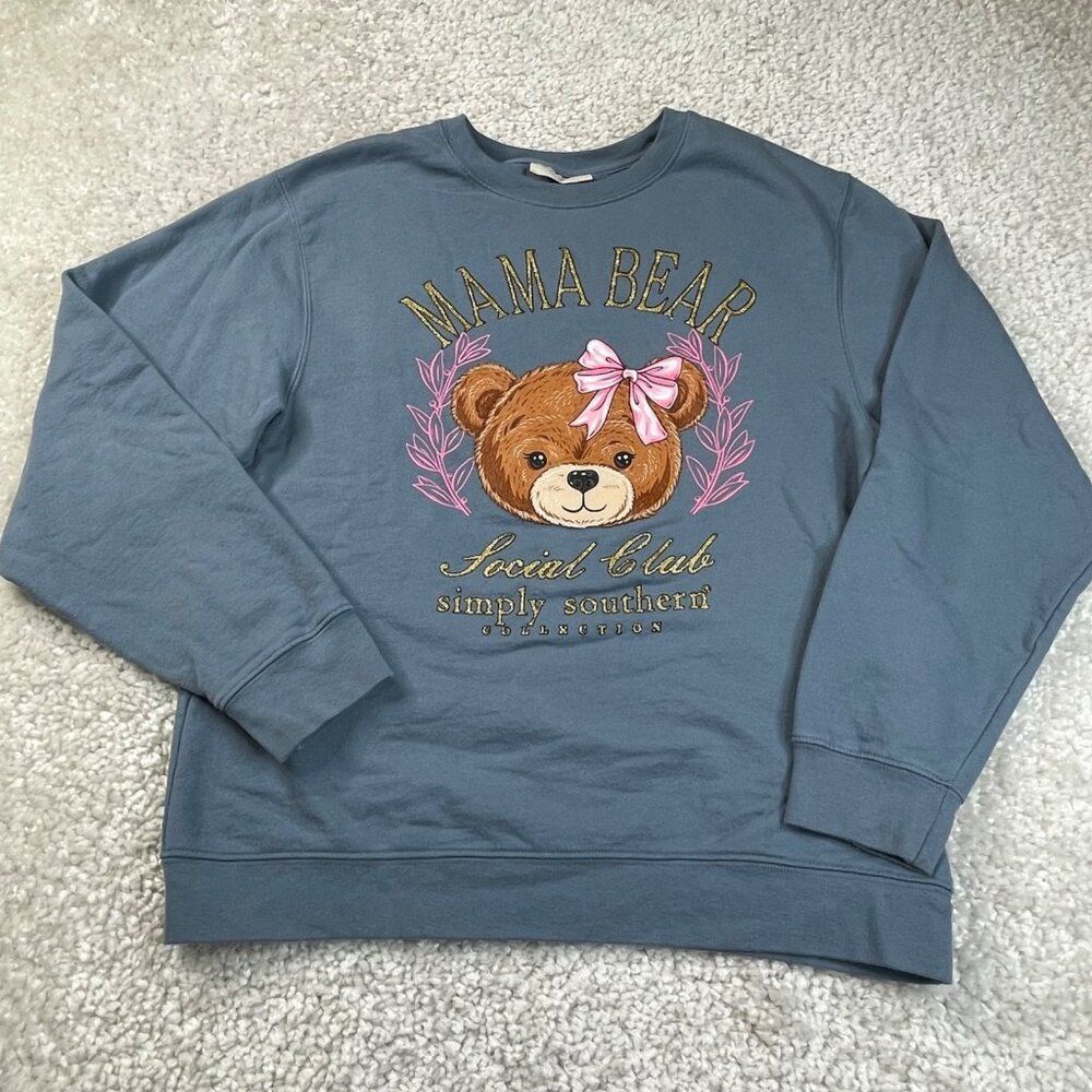 Simply Southern Mama Bear Social Club Sweatshirt Blue Womens Medium
